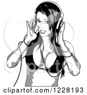 Clipart Of A Grayscale Woman In A Bikini Top Wearing Headphones Royalty Free Vector Illustration