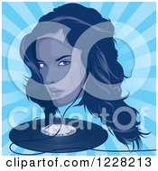 Clipart Of A Woman Wearing Earbuds Over A Vinyl Record And Blue Rays Royalty Free Vector Illustration