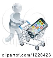 Poster, Art Print Of 3d Silver Man Pushing A Smart Phone In A Shopping Cart