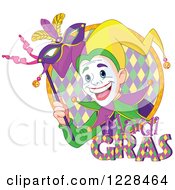 Happy Mardi Gras Jester Holding A Mask In A Circle With Text
