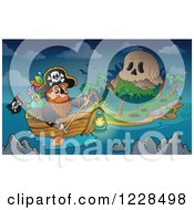 Pirate Captain Rowing A Boat To A Skull Island At Night