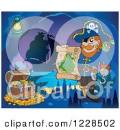 Pirate Captain With Treasure And A Map In A Cave At Night