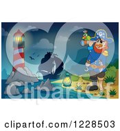 Poster, Art Print Of Lighthouse Ship And Pirate Captain With A Telescope At Night