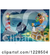 Poster, Art Print Of Lighthouse Ship And Pirate Captain With A Treasure Chest At Night