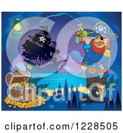 Pirate Captain With Treasure And A Telescope In A Cave At Night