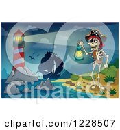 Poster, Art Print Of Lighthouse Ship And Pirate Skeleton At Night