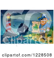 Poster, Art Print Of Lighthouse Ship And Pirate Captain With A Map At Night