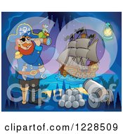 Poster, Art Print Of Pirate Captain With Canon And A Telescope In A Cave At Night