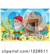 Dwarf With A Shovel And Diamonds At A Mining Cave