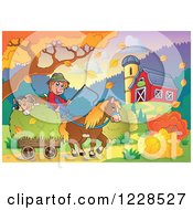 Poster, Art Print Of Male Farmer With A Hay Cart By A Barn In Autumn