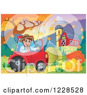 Poster, Art Print Of Male Farmer In A Tractor By A Barn In Autumn