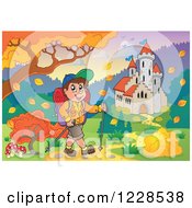 Poster, Art Print Of Male Hiker By A Castle And Autumn Landscape With A Sign