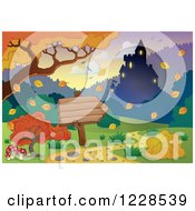 Clipart Of A Dark Castle And Autumn Landscape With A Sign Royalty Free Vector Illustration