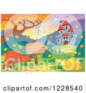 Clipart Of A Castle And Autumn Landscape With A Sign Royalty Free Vector Illustration