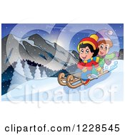 Poster, Art Print Of Boy And Girl On A Sled In The Mountains