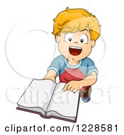 Clipart Of A Happy Caucasian Boy Holding An Open Book Royalty Free Vector Illustration