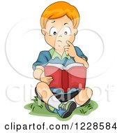 Poster, Art Print Of Thoughtful Red Haired Caucasian Boy Reading A Book Outside