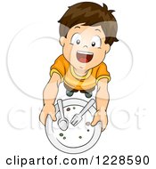 Poster, Art Print Of Happy Brunette Caucasian Boy Holding Up A Clean Plate And Wanting More