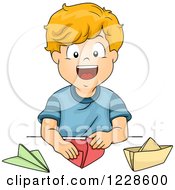 Happy Caucasian Boy Making Paper Boats And Planes