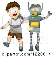 Poster, Art Print Of Happy Brunette Caucasian Boy Dancing With A Livesize Robot
