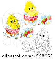 Clipart Of Outlined And Colored Chicks Hatching From Easter Eggs Royalty Free Vector Illustration by Alex Bannykh