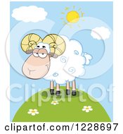 Clipart Of A White Ram Sheep On A Sunny Hill Royalty Free Vector Illustration
