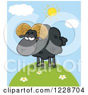 Clipart Of A Black Ram Sheep On A Hill Royalty Free Vector Illustration