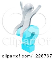 Clipart Of A 3d Silver Man Cheering On A Blue Question Mark Royalty Free Vector Illustration