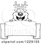 Clipart Of A Black And White Happy Chubby Caribou Reindeer Over A Banner Royalty Free Vector Illustration