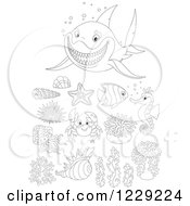 Poster, Art Print Of Outlined Shark And Sea Creatures