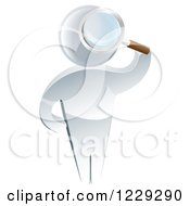 Clipart Of A 3d Silver Man Searching Through A Magnifying Glass Royalty Free Vector Illustration