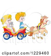 Poster, Art Print Of Caucasian Children And A Cat Riding In A Horse Cart