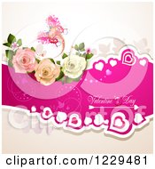 Poster, Art Print Of Valentines Day Text On A Pink Banner With Hearts Roses And Butterflies