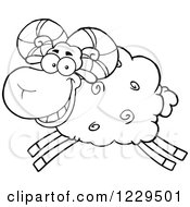 Clipart Of A Happy Black And White White Sheep Ram Leaping Royalty Free Vector Illustration