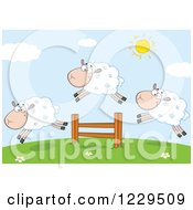 Clipart Of Happy Sheep Leaping Over A Fence On A Hill Royalty Free Vector Illustration