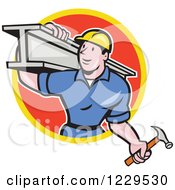 Poster, Art Print Of Construction Worker Foreman Carrying A Steel Beam In A Red Circle