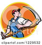 Farmer Carrying A Scythe And Looking Over His Shoulder In An Orange Circle