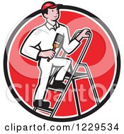 Clipart Of A House Painter On A Ladder In A Red Circle Royalty Free Vector Illustration by patrimonio