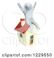 3d Silver Man Sitting And Cheering On A House