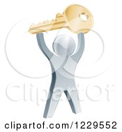 3d Silver Man Holding Up A Key