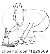 Clipart Of A Black And White Lineart Man Using A Dustpan And Hand Broom Royalty Free Vector Illustration