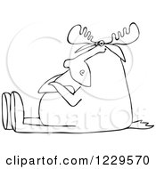 Clipart Of A Black And White Lineart Stubborn Moose Sitting With Folded Arms Royalty Free Vector Illustration