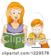 Clipart Of A Mother And Son Reading And Doing Homework Royalty Free Vector Illustration