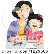 Clipart Of A Mom Teaching Her Daughter Writing Royalty Free Vector Illustration