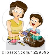 Poster, Art Print Of Mother Helping Her Son Load His Backpack