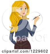 Poster, Art Print Of Blond Teenage Girl Looking Back And Holding A Pen