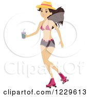 Brunette Teen Girl Roller Skating In A Bikini Top