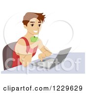 Clipart Of A Teenage Boy Eating An Apple And Using A Laptop Royalty Free Vector Illustration