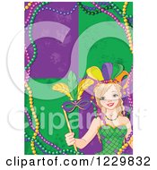 Festive Mardi Gras Woman Holding A Mask Over Tiles And Beads