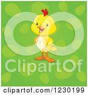 Clipart Of A Cute Yellow Easter Chick Over Green With Easter Eggs Royalty Free Vector Illustration by Pushkin